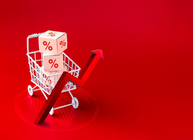 Conceito de inflação 3D Setas crescentes vermelhas e caixas de encomendas com ícone de porcentagem no carrinho de compras no fundo vermelho do símbolo da terra digital com espaço para cópia Aumento do custo de vida aumento do preço