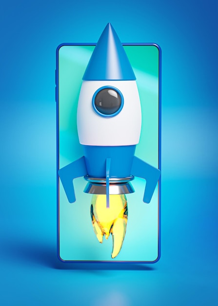 Conceito de inicialização Projeto de lançamento de smartphone Blue Rocket Renderização 3D simples de negócios