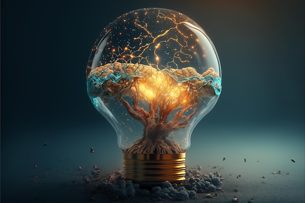 Conceito de inovação Cérebro dentro do conceito de lâmpada 3d render Ai Generative