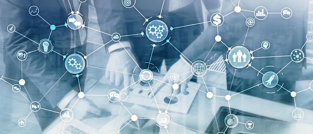 Conceito de inovação de automação de diagrama de fluxo de trabalho industrial de estrutura de processo de negócios em mídia mista de tela virtual