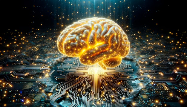 Conceito de inteligência artificial Cérebro humano sobre fundo de placa de circuito IA generativa