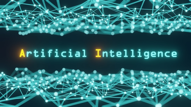 Conceito de inteligência artificial, com as palavras inteligência artificial, um tom azul, composto por linhas e pontos que formam uma rede em ciência e tecnologia - renderização em 3d.