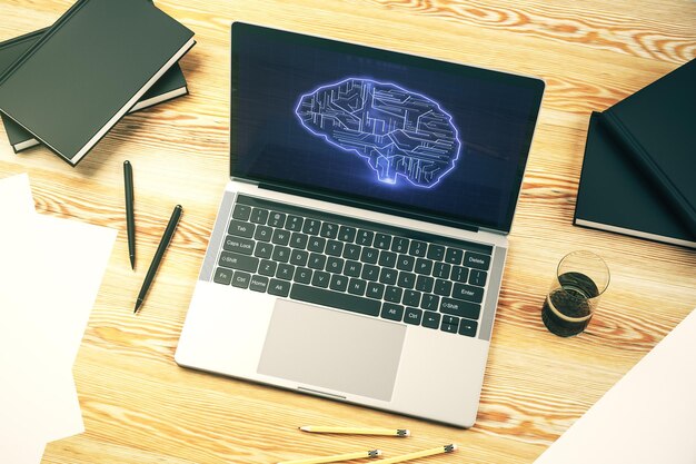 Conceito de inteligência artificial criativa com esboço de cérebro humano em monitor de laptop moderno renderização 3d