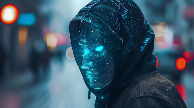 Foto conceito de inteligência artificial de um cibercriminoso de capuz com uma máscara digital