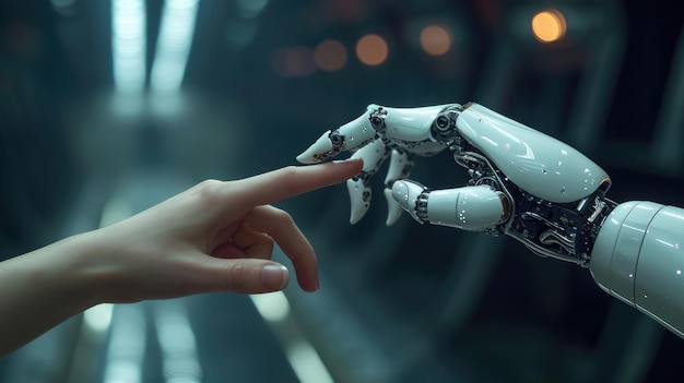Conceito de interação humano-máquina humano-mão toque mão robô