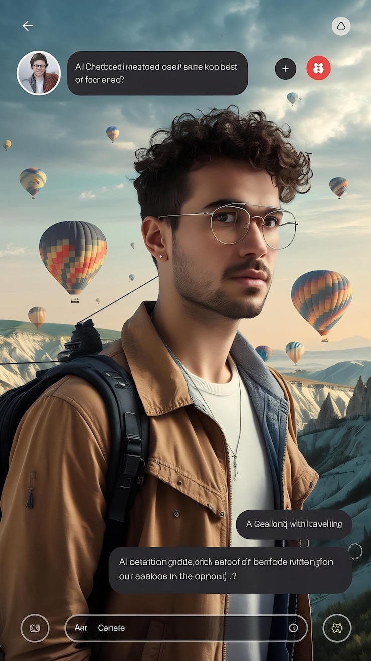 Foto conceito de interface de chatbot de ia gerado a partir de um detalhe de um jovem viajando set agai