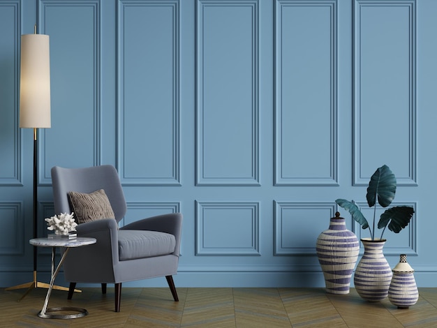 Conceito de interior azulMóveis clássicos no interior clássico com espaço de cópiaParedes com molduras ornamentadasParquet de pisoIlustração digitalRenderização em 3d