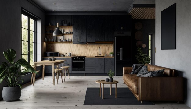 Conceito de interior de cozinha moderno com móveis de jantar de madeira, armário cinzento e sofá cinzento