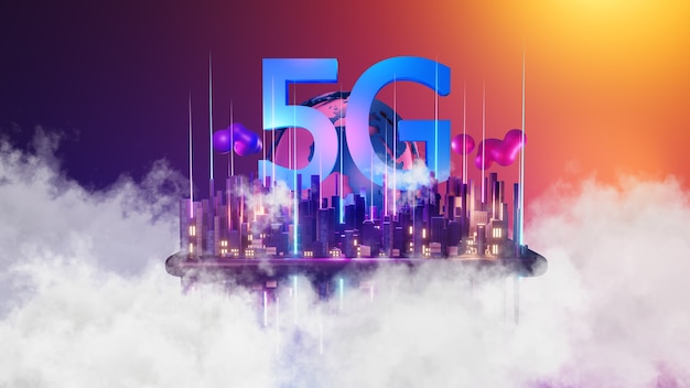 Conceito de internet 5g de alta velocidade, tecnologia sem fio de rede 5g no fundo da cidade, renderização em 3d