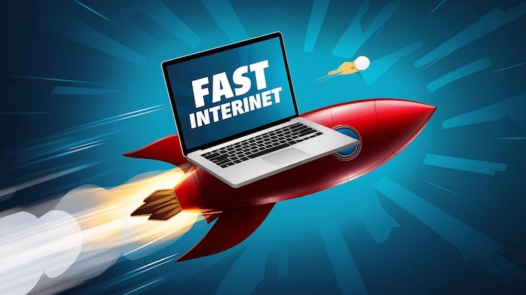 Foto conceito de internet rápida com um laptop sobre um foguete rápido