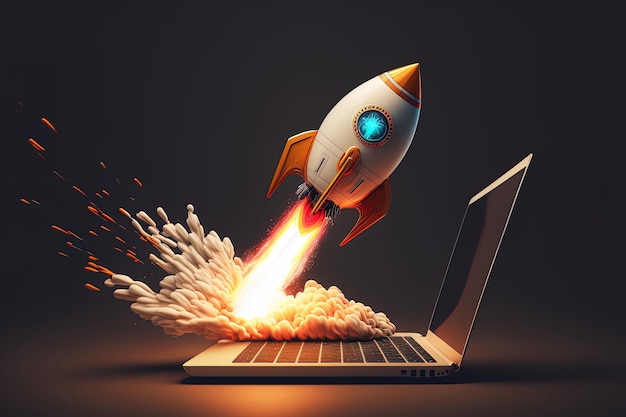 Foto conceito de internet rápida usando um laptop e um foguete