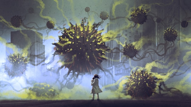 conceito de invasão de vírus alienígena, mãe e seu bebê enfrentando alienígenas de esfera negra na cidade, estilo de arte digital, pintura de ilustração