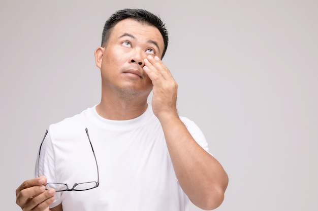 Conceito de irritação nos olhos: Retrato de homem asiático em postura de olhos cansados, irritação ou problema nos olhos.