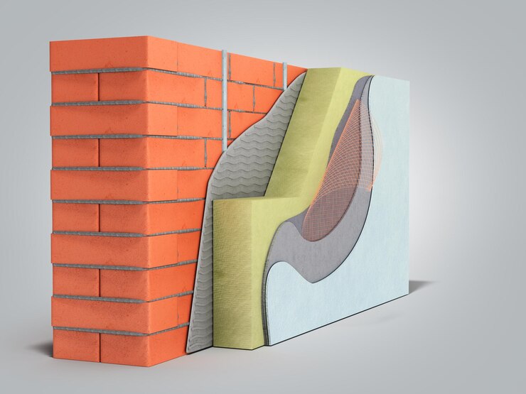 Foto conceito de isolamento térmico de parede de tijolos em camadas renderização 3d em fundo de gradiente cinza