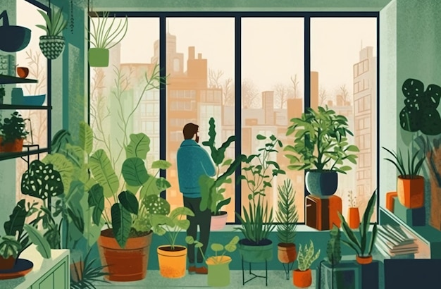 Conceito de jardim da casa, uma pessoa cuidando de suas plantas de apartamentos interiores ilustração do vetor