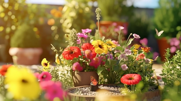 Conceito de jardinagem Flores e plantas de jardim em um fundo ensolarado