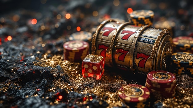 conceito de jogo de casino fichas de casino douradas e cartas em fundo preto