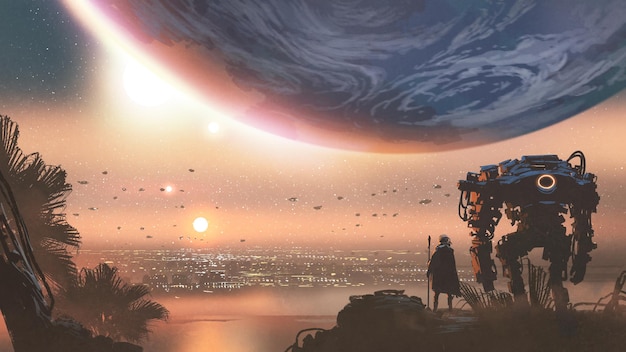 conceito de jornada mostrando um homem com um robô olhando para uma nova colônia no planeta alienígena, estilo de arte digital, pintura de ilustração