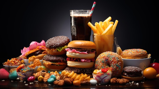 conceito de junk food fundo de alimentos não saudáveis comida rápida e açúcar generativo Ai