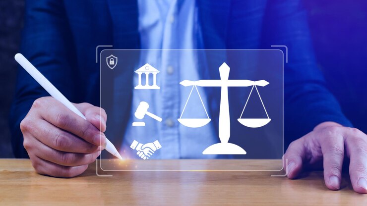 Conceito de justiça e direito Empresário de consultoria jurídica segurando escalas holograma digital Sinal de direito trabalhista Advogado de direito trabalhista negócios jurídicos