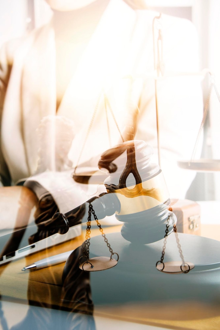 Foto conceito de justiça e direito juiz masculino em um tribunal na mesa de madeira e conselheiro ou advogado masculino trabalhando no escritório aconselhamento jurídico e conceito de justiça