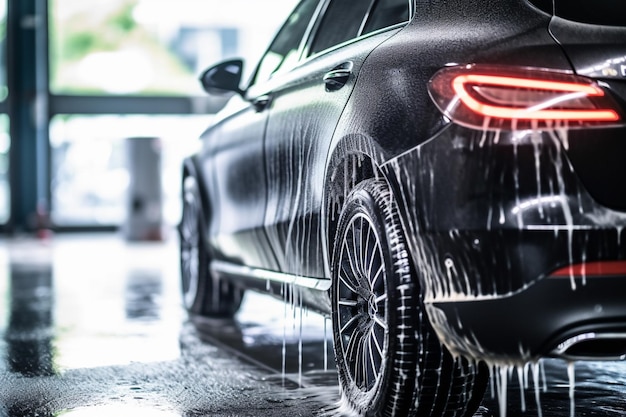 Foto conceito de lavagem de carro closeup de carro esporte preto com gotas de água