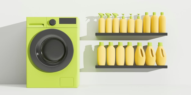 Conceito de lavanderia sustentável ambientalmente seguro prateleira de máquina de lavar verde de detergentes de lavagem renderização em 3d