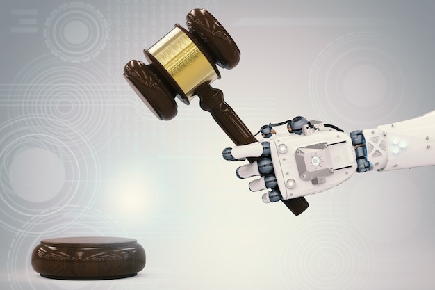Conceito de lei cibernética com mão robótica de renderização em 3D segurando o juiz do martelo