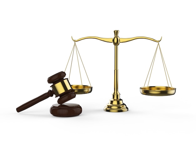 Conceito de lei com escala de lei de renderização em 3D com juiz de martelo em fundo branco