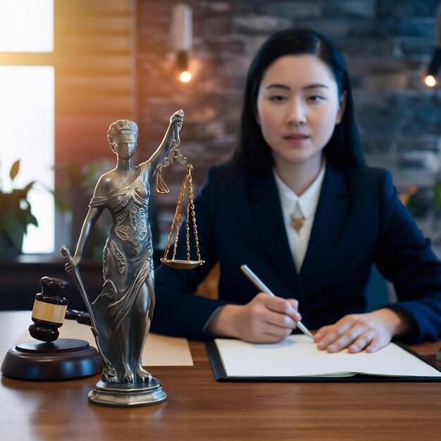 Foto conceito de lei e julgamento figura de lady justice em escritório de notário em close-up