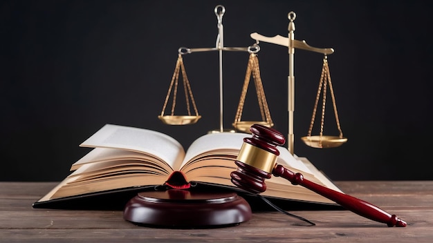 conceito de lei livro de lei aberto com um martelo de madeira juízes sobre a mesa em uma sala de julgamento ou aplicação da lei o