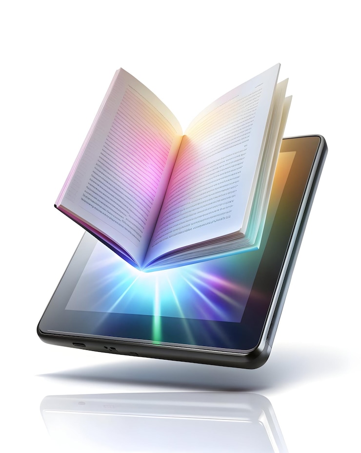 Foto conceito de leitor de e-books holográfico com páginas flutuantes para educação digital em aprendizagem on-line ideal