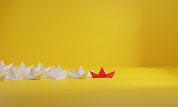 Conceito de liderança barco líder vermelho liderando barcos brancos em fundo amarelo Renderização 3D