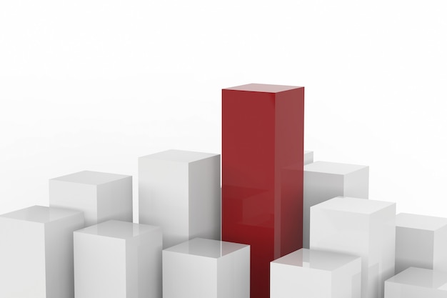 Conceito de liderança com edifícios vermelhos e brancos renderizados em 3D em fundo branco