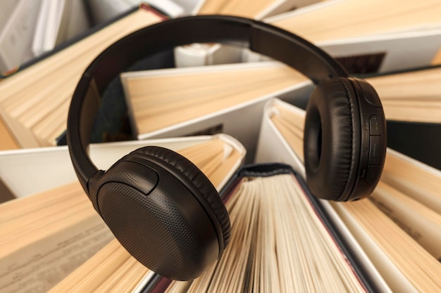 Conceito de livro de áudio Fones de ouvido em livros Fones de ouvido para aprendizado online ouvindo áudio
