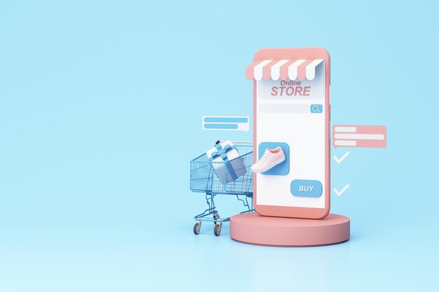 Conceito de loja online na tela do telefone com toldo listrado e tênis pastel na tela do telefone com ícone de compra e produto de revisão de texto de comentário em um fundo azul pastel realista renderização 3d