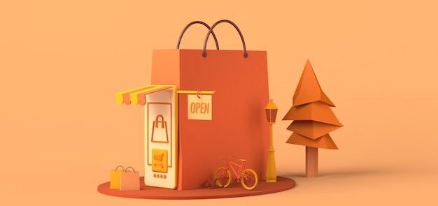 Conceito de loja online via smartphone Copiar ilustração 3D do espaço Compras online