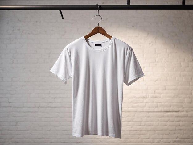 Conceito de maquete de camisa branca com espaço de cópia de roupas simples no fundo da parede branca