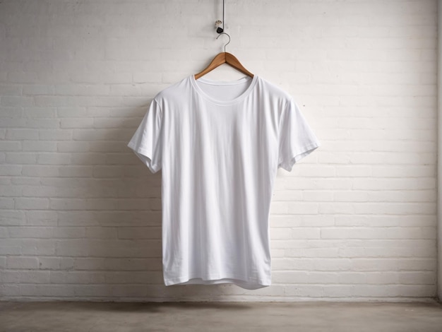 Conceito de maquete de camisa branca com espaço de cópia de roupas simples no fundo da parede branca