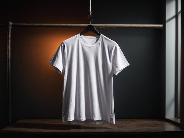 Conceito de maquete de camisa branca com espaço de cópia de roupas simples no fundo da parede escura
