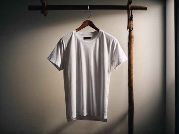 Conceito de maquete de camisa branca com espaço de cópia de roupas simples no fundo da parede escura