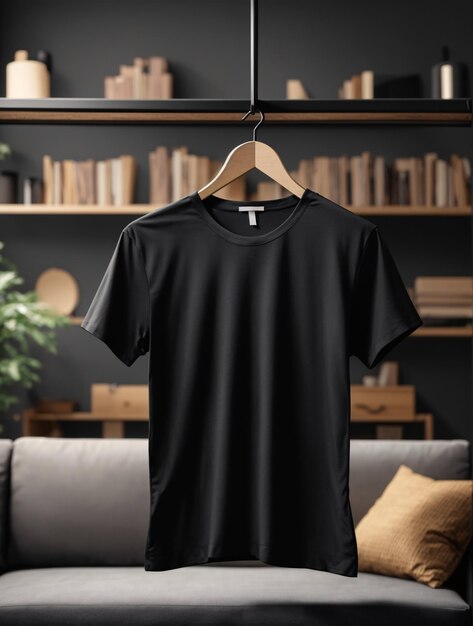 Conceito de maquete de camisa preta com espaço de cópia de roupas simples no fundo da parede branca