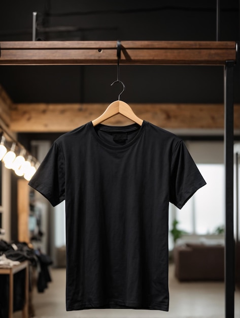 Conceito de maquete de camisa preta com espaço de cópia de roupas simples no fundo da parede branca