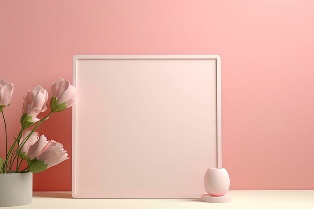 Conceito de maquete de vitrine mínima com um pódio moderno de flores e molduras em um fundo pastel Idea