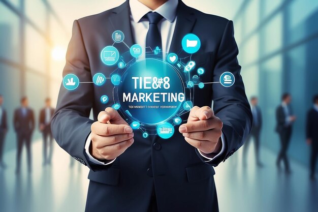 Conceito de marketing digital com um empresário em um fundo abstrato borrado