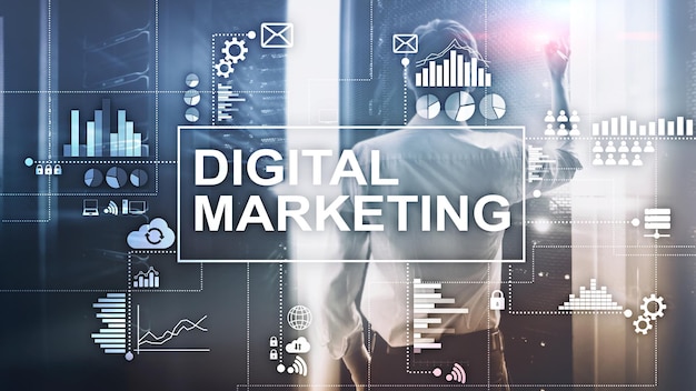 Conceito de marketing digital no papel de parede do datacenter