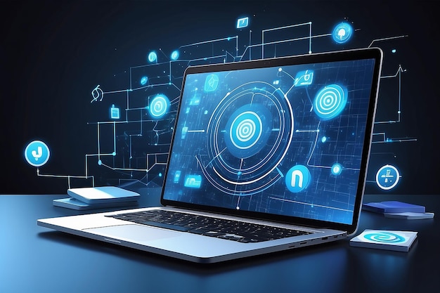 conceito de marketing digital tom azul ecrã de laptop moderno com ícone sucesso de marketing e metas pagamentos alvo e conexão de rede em fundo de tecnologia de negócios