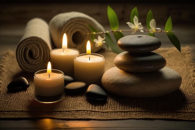 Conceito de massagem spa Ai Stones com velas na esteira de bambu