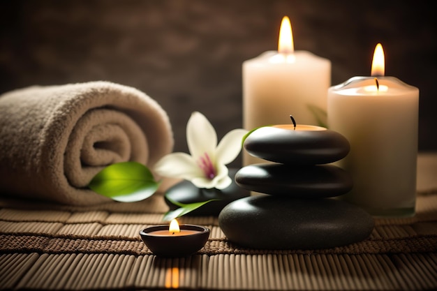 Conceito de massagem spa Ai Stones com velas na esteira de bambu