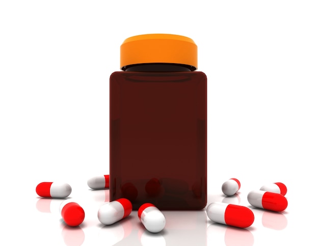 Conceito de medicina. Comprimidos derramados do frasco de remédio. Ilustração renderizada 3D